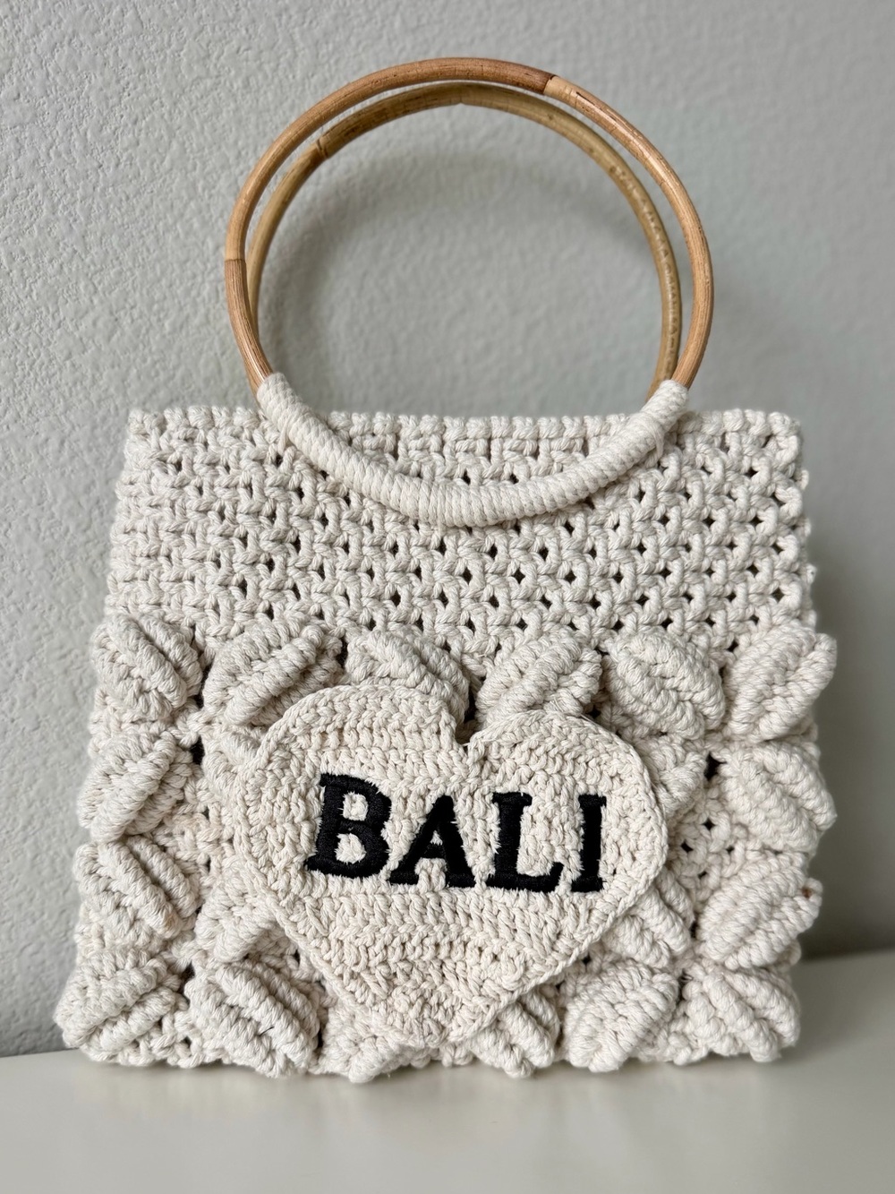 Handmade BALI Macrame Tote Bag Bamboo Handle Boho Festival Coachella Chunky Chic